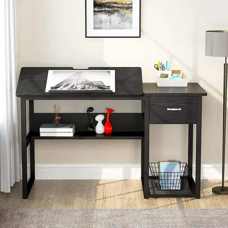 Table de dessin inclinable réglable avec étagère de rangement et tiroir, multi, noir, gris
