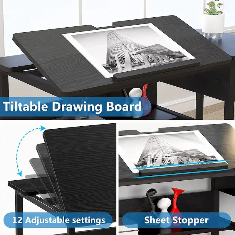 Table de dessin inclinable réglable avec étagère de rangement et tiroir, multi, noir, gris