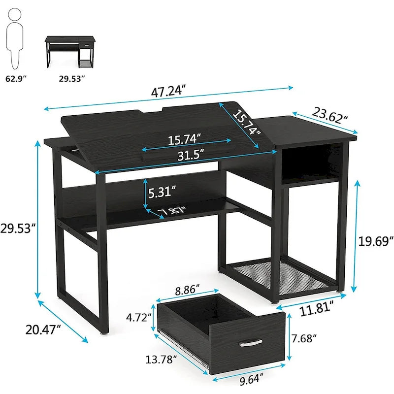 Table de dessin inclinable réglable avec étagère de rangement et tiroir, multi, noir, gris
