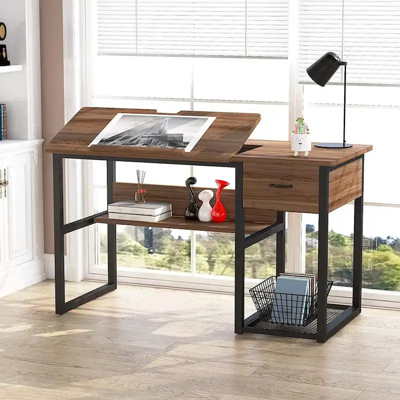 Table de dessin inclinable réglable avec étagère de rangement et tiroir, multi, noir, gris