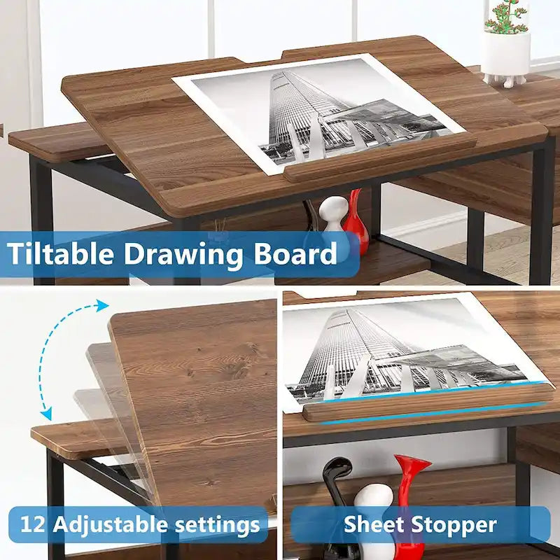 Table de dessin inclinable réglable avec étagère de rangement et tiroir, multi, noir, gris