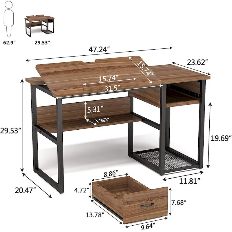 Table de dessin inclinable réglable avec étagère de rangement et tiroir, multi, noir, gris