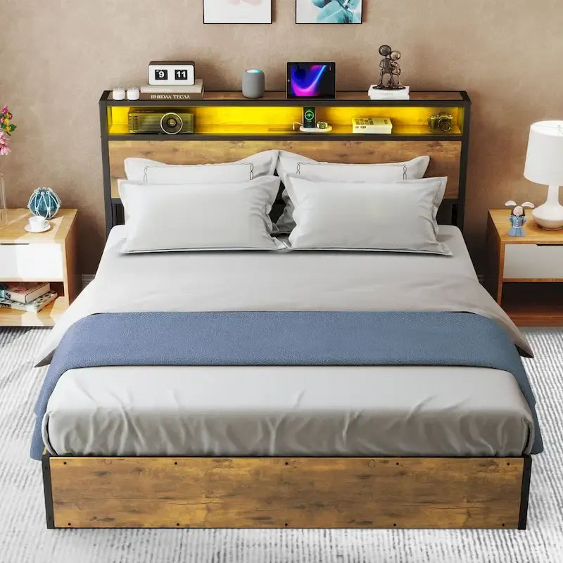 Cadre de lit de rangement rustique marron avec vérin à gaz, tête de lit LED et ports USB