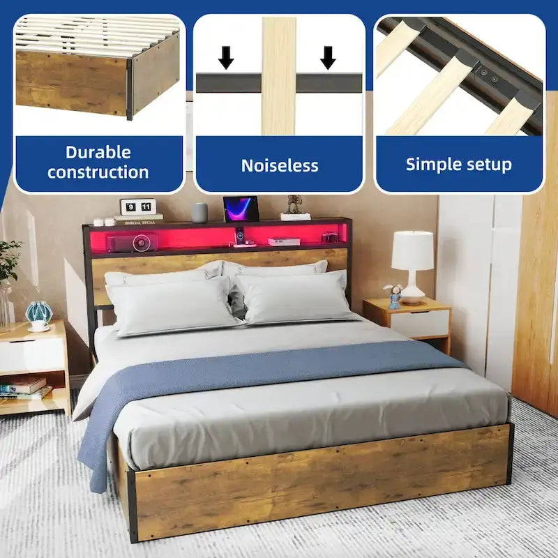 Cadre de lit de rangement rustique marron avec vérin à gaz, tête de lit LED et ports USB