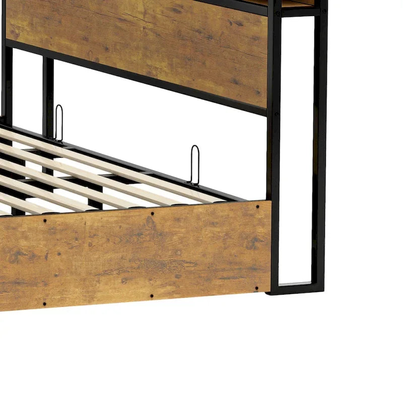 Cadre de lit de rangement rustique marron avec vérin à gaz, tête de lit LED et ports USB