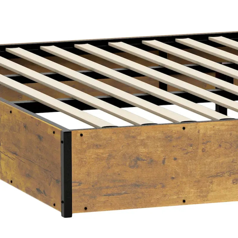 Cadre de lit de rangement rustique marron avec vérin à gaz, tête de lit LED et ports USB