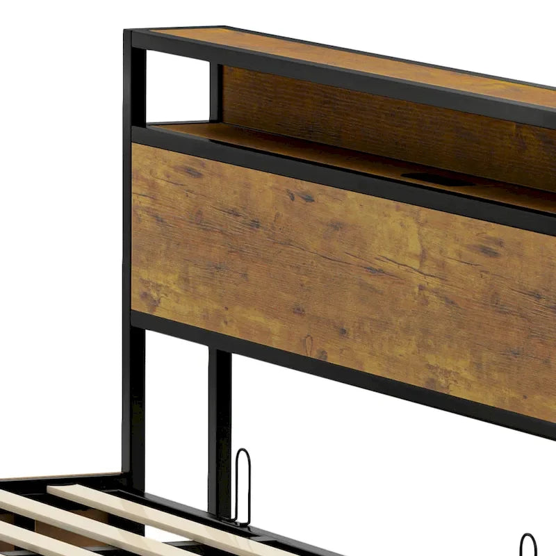 Cadre de lit de rangement rustique marron avec vérin à gaz, tête de lit LED et ports USB
