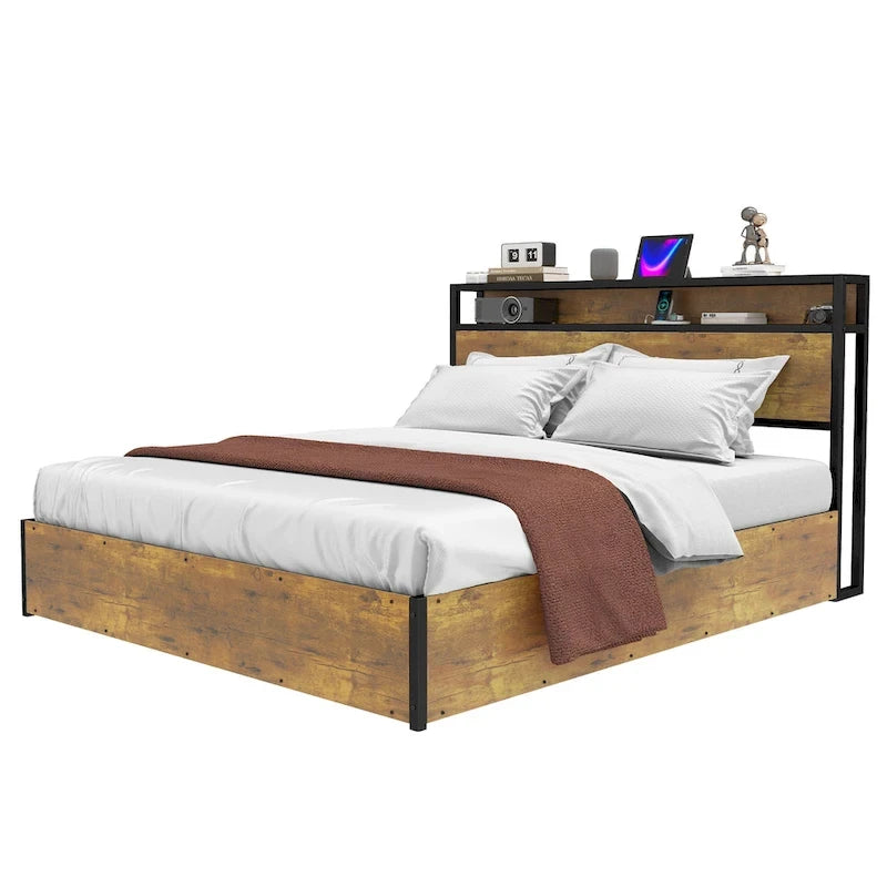 Cadre de lit de rangement rustique marron avec vérin à gaz, tête de lit LED et ports USB