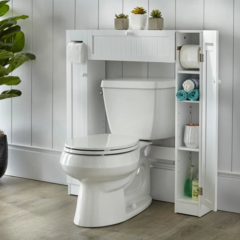 Meuble de rangement de salle de bain sur toilettes avec portes persiennes blanc-gris