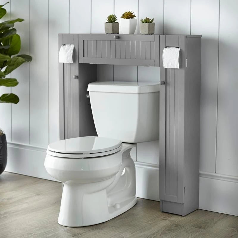 Meuble de rangement de salle de bain sur toilettes avec portes persiennes blanc-gris