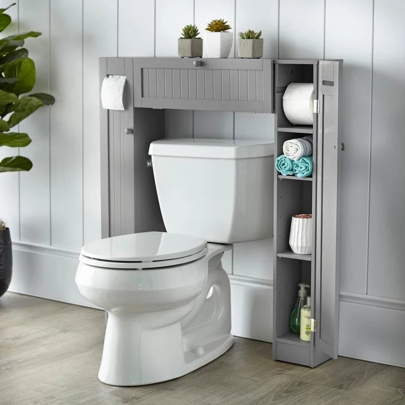 Meuble de rangement de salle de bain sur toilettes avec portes persiennes blanc-gris