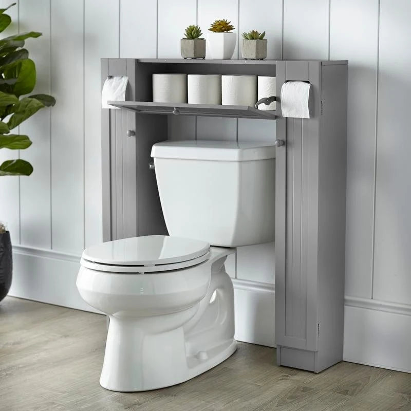 Meuble de rangement de salle de bain sur toilettes avec portes persiennes blanc-gris