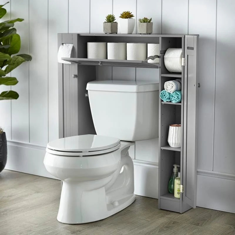 Meuble de rangement de salle de bain sur toilettes avec portes persiennes blanc-gris