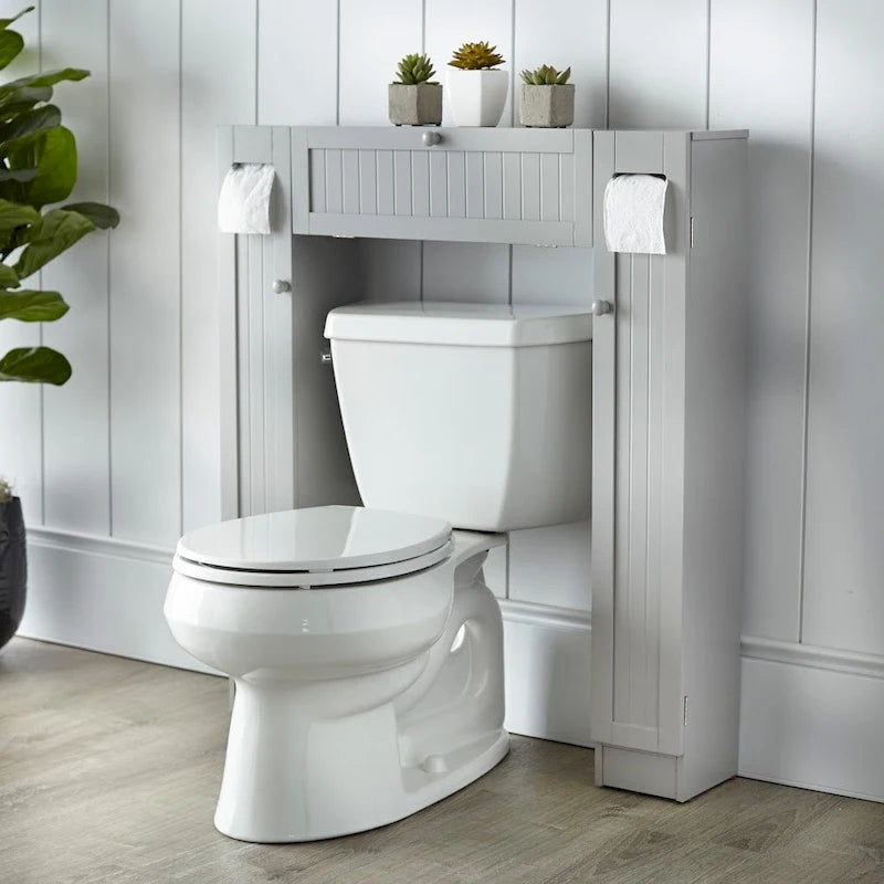 Meuble de rangement de salle de bain sur toilettes avec portes persiennes blanc-gris