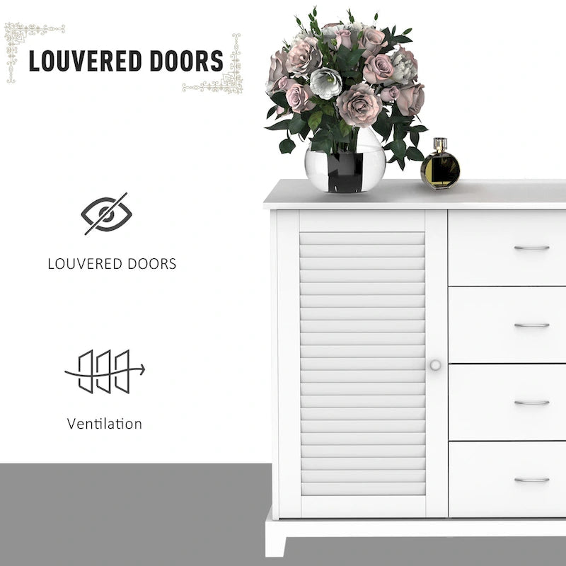 Buffet de rangement blanc avec portes persiennes et tiroirs