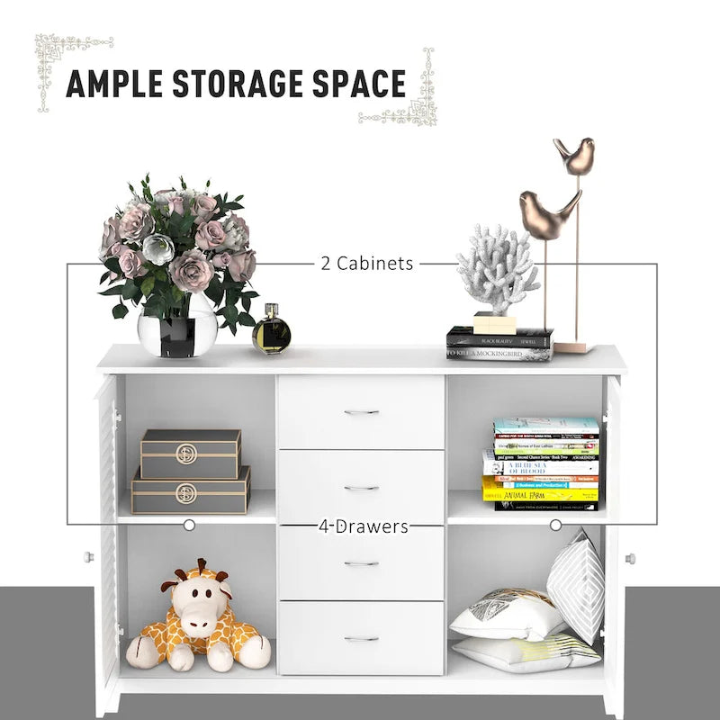 Buffet de rangement blanc avec portes persiennes et tiroirs