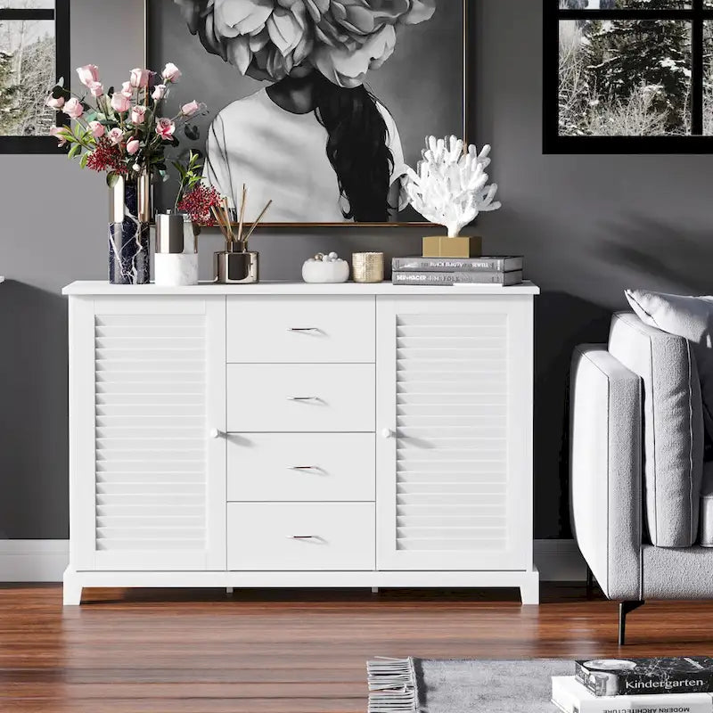 Buffet de rangement blanc avec portes persiennes et tiroirs