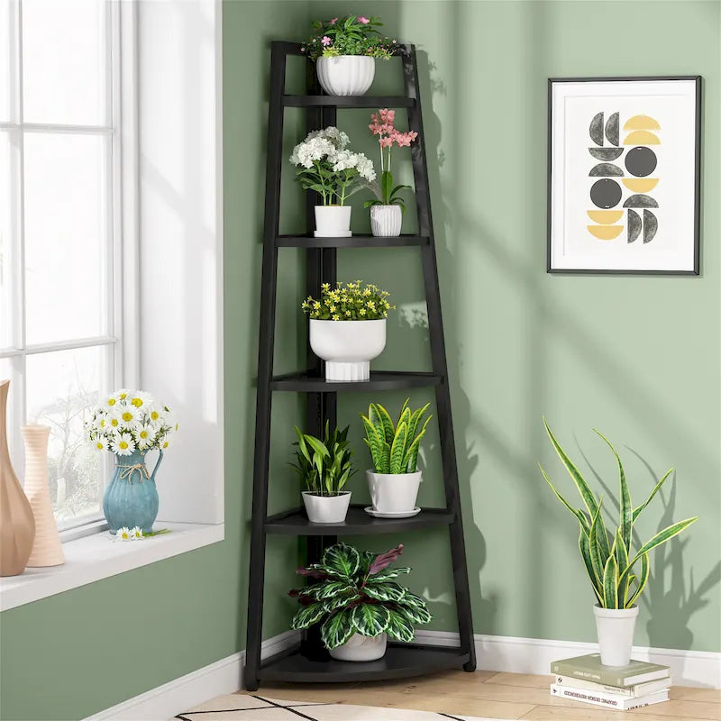 Étagère d'angle échelle à 5 niveaux, meuble de rangement pour plantes, bibliothèque, noir et blanc