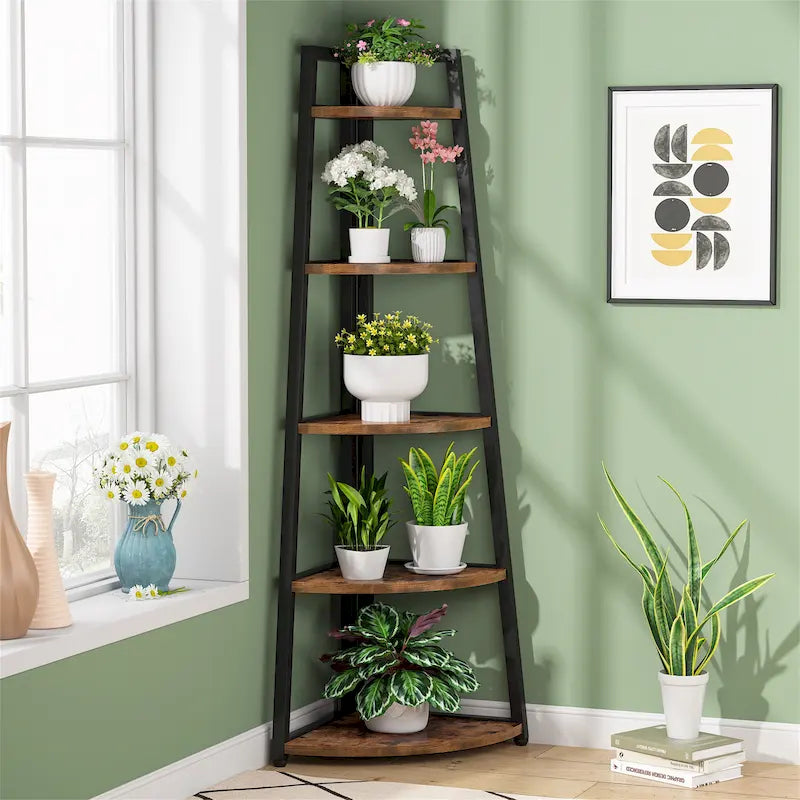 Étagère d'angle échelle à 5 niveaux, meuble de rangement pour plantes, bibliothèque, noir et blanc