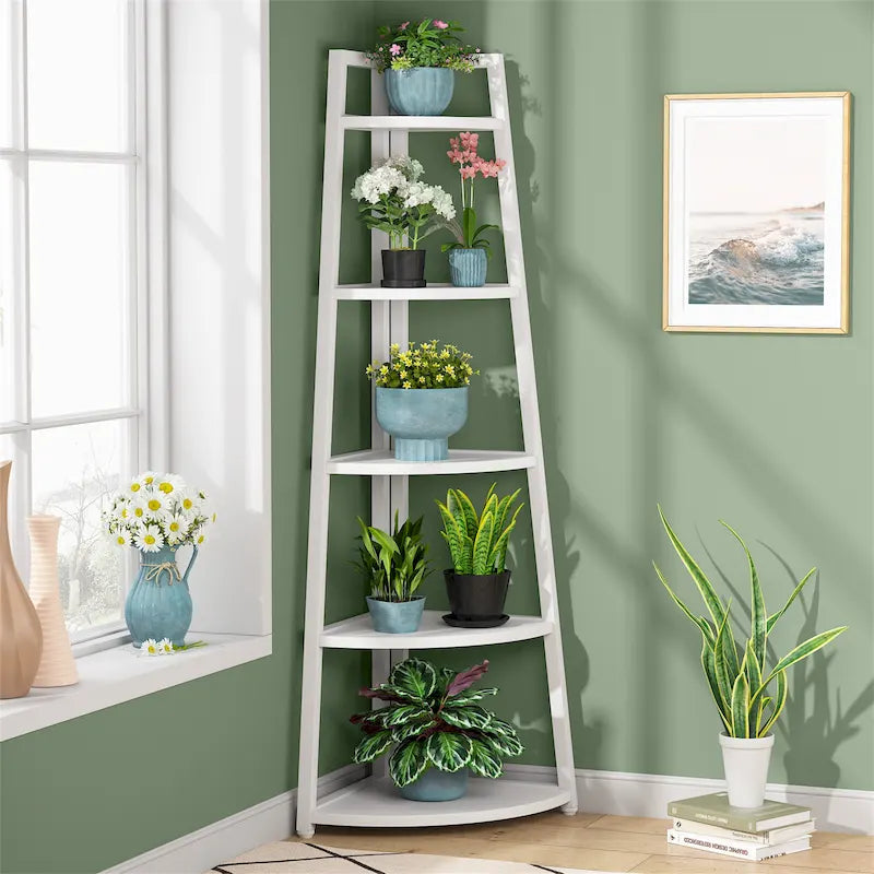 Étagère d'angle échelle à 5 niveaux, meuble de rangement pour plantes, bibliothèque, noir et blanc