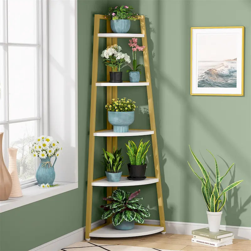 Étagère d'angle échelle à 5 niveaux, meuble de rangement pour plantes, bibliothèque, noir et blanc