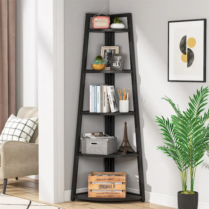 Étagère d'angle échelle à 5 niveaux, meuble de rangement pour plantes, bibliothèque, noir et blanc