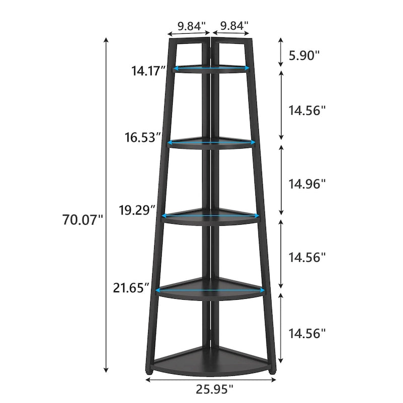 Étagère d'angle échelle à 5 niveaux, meuble de rangement pour plantes, bibliothèque, noir et blanc