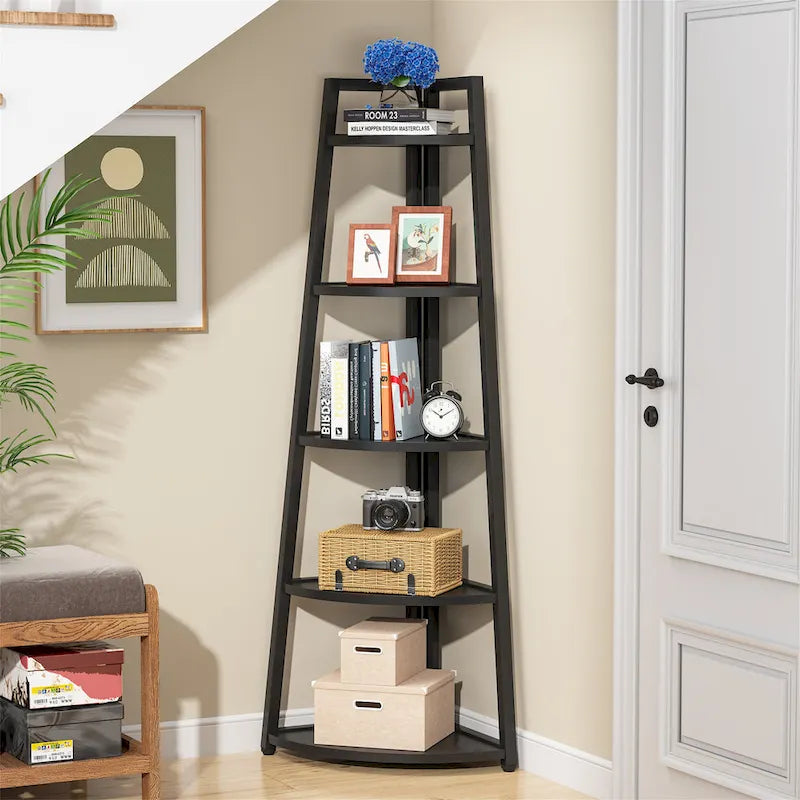 Étagère d'angle échelle à 5 niveaux, meuble de rangement pour plantes, bibliothèque, noir et blanc