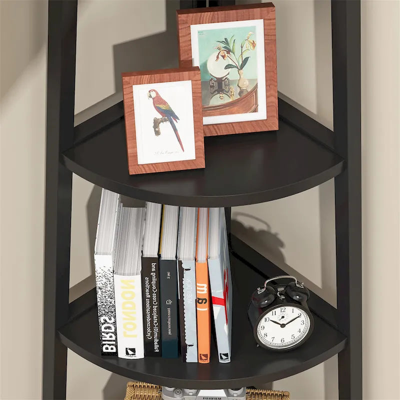 Étagère d'angle échelle à 5 niveaux, meuble de rangement pour plantes, bibliothèque, noir et blanc