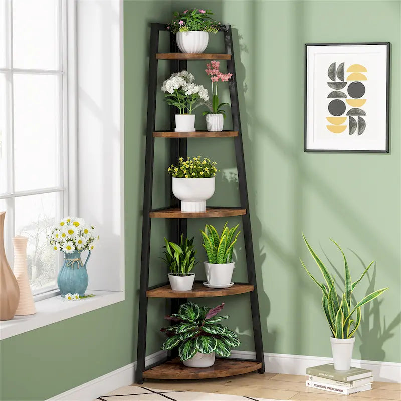 Étagère d'angle échelle à 5 niveaux, meuble de rangement pour plantes, bibliothèque, noir et blanc