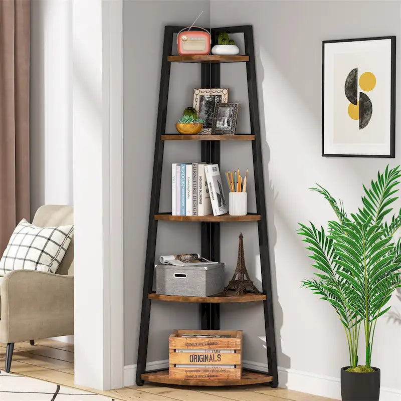Étagère d'angle échelle à 5 niveaux, meuble de rangement pour plantes, bibliothèque, noir et blanc