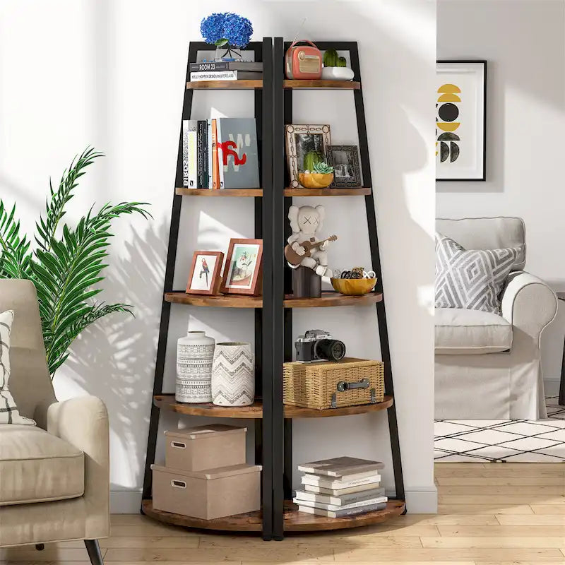 Étagère d'angle échelle à 5 niveaux, meuble de rangement pour plantes, bibliothèque, noir et blanc