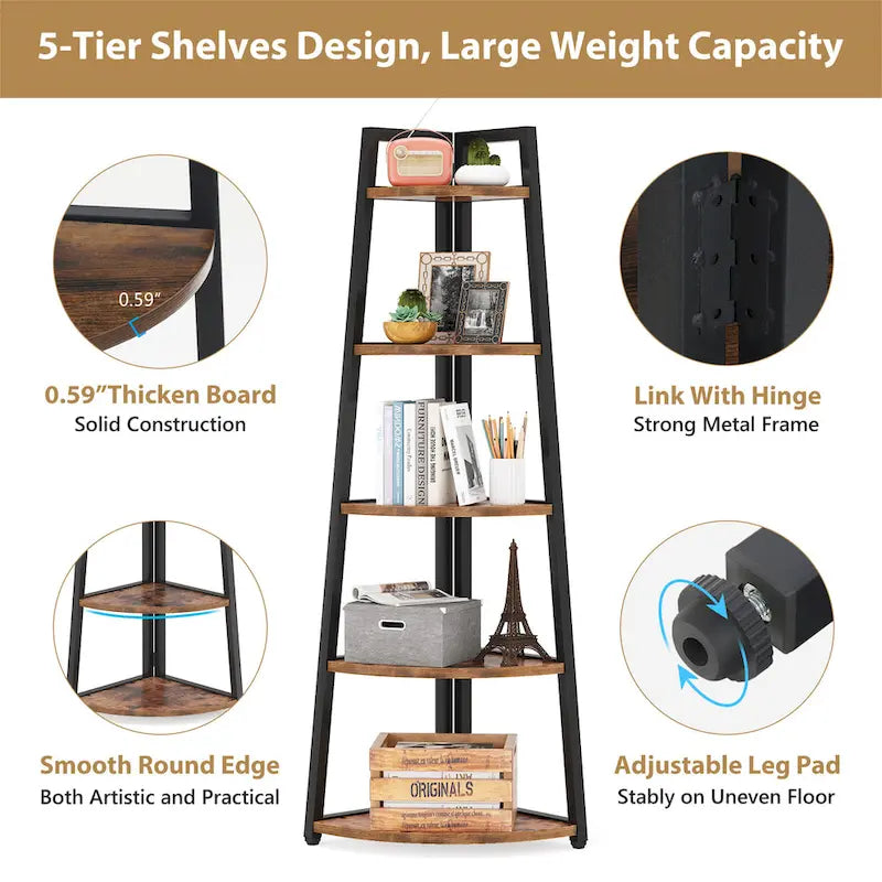 Étagère d'angle échelle à 5 niveaux, meuble de rangement pour plantes, bibliothèque, noir et blanc