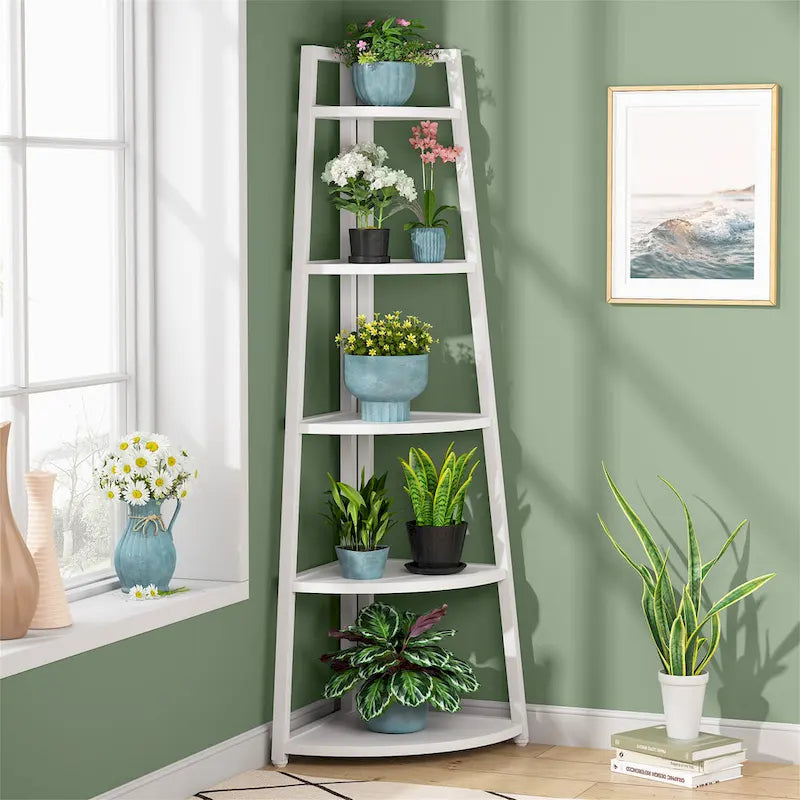 Étagère d'angle échelle à 5 niveaux, meuble de rangement pour plantes, bibliothèque, noir et blanc