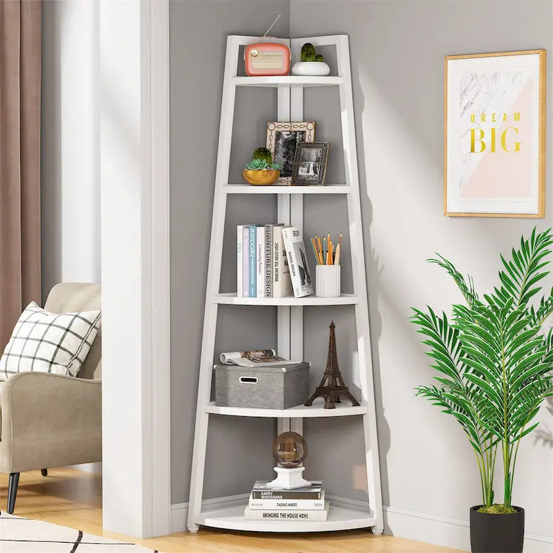 Étagère d'angle échelle à 5 niveaux, meuble de rangement pour plantes, bibliothèque, noir et blanc