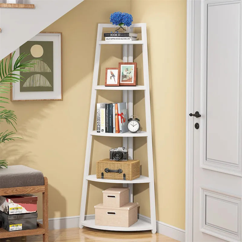 Étagère d'angle échelle à 5 niveaux, meuble de rangement pour plantes, bibliothèque, noir et blanc