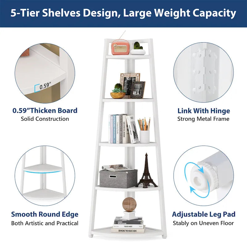 Étagère d'angle échelle à 5 niveaux, meuble de rangement pour plantes, bibliothèque, noir et blanc