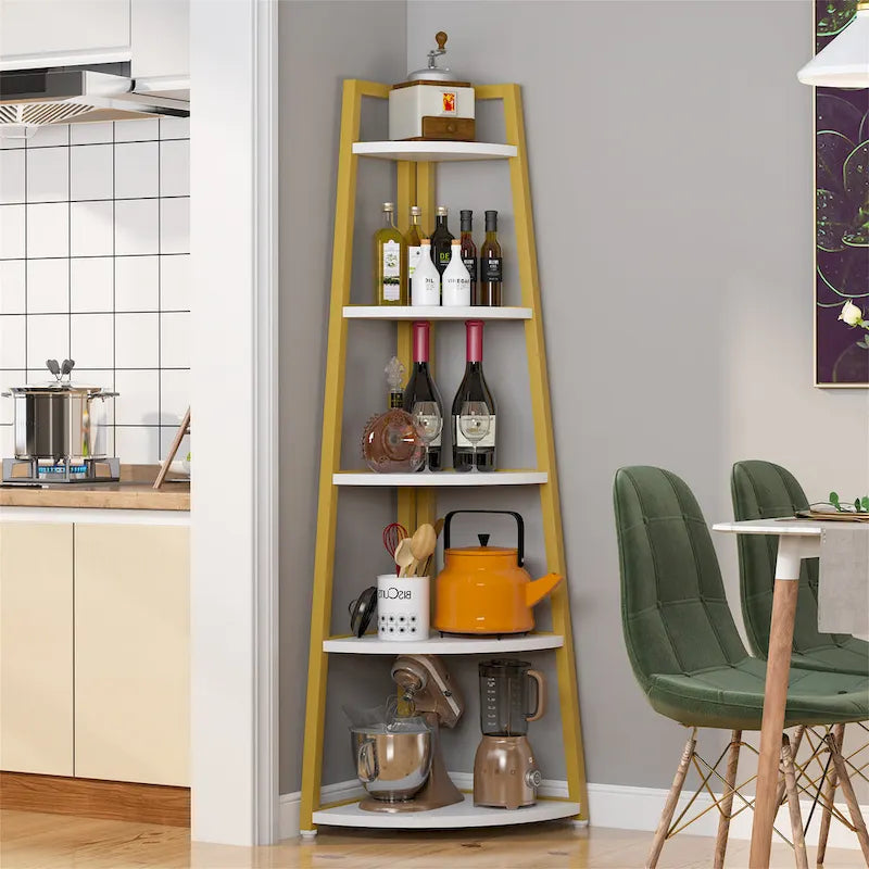 Étagère d'angle échelle à 5 niveaux, meuble de rangement pour plantes, bibliothèque, noir et blanc