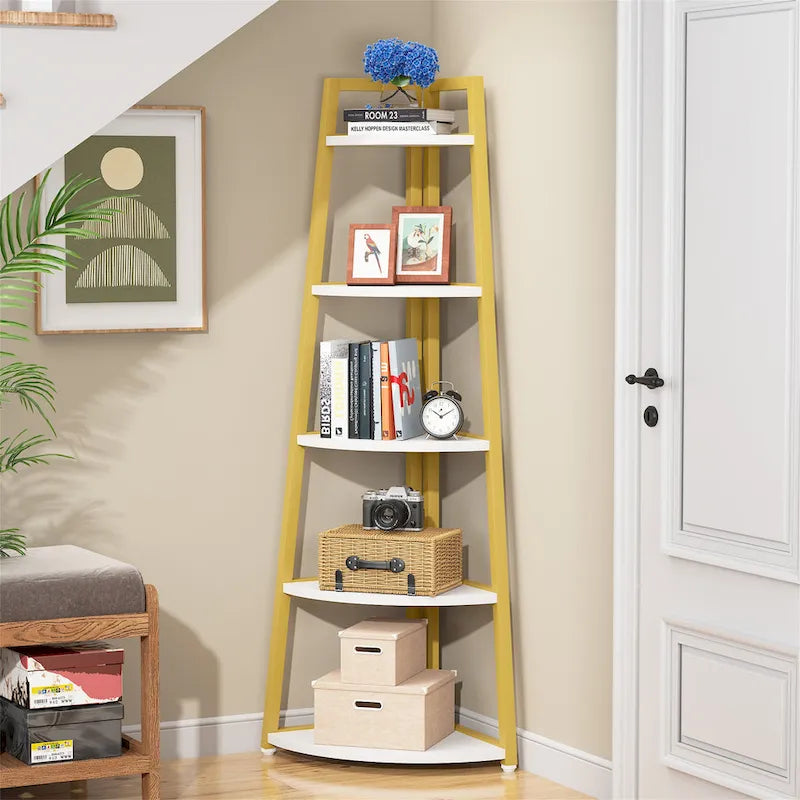 Étagère d'angle échelle à 5 niveaux, meuble de rangement pour plantes, bibliothèque, noir et blanc