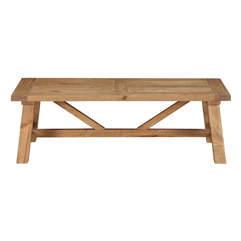 Table basse rustique en pin massif, piètement tréteau, brun fauve