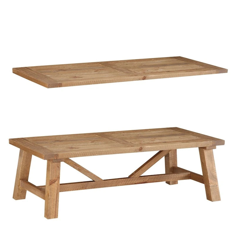 Table basse rustique en pin massif, piètement tréteau, brun fauve