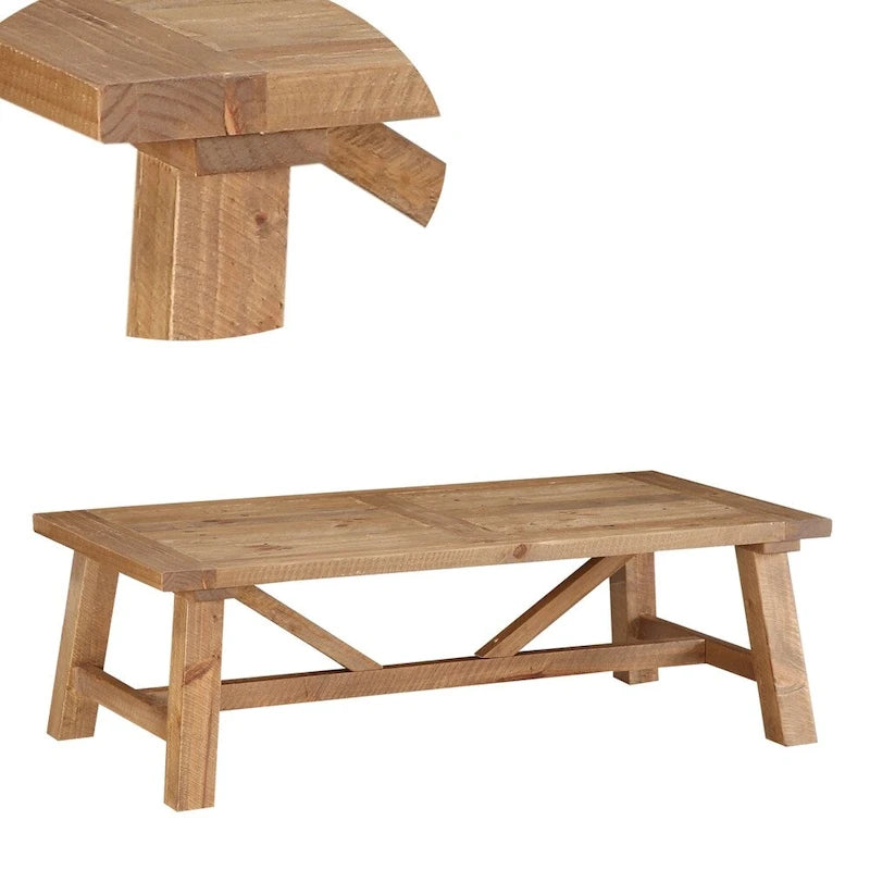 Table basse rustique en pin massif, piètement tréteau, brun fauve