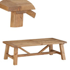 Table basse rustique en pin massif, piètement tréteau, brun fauve