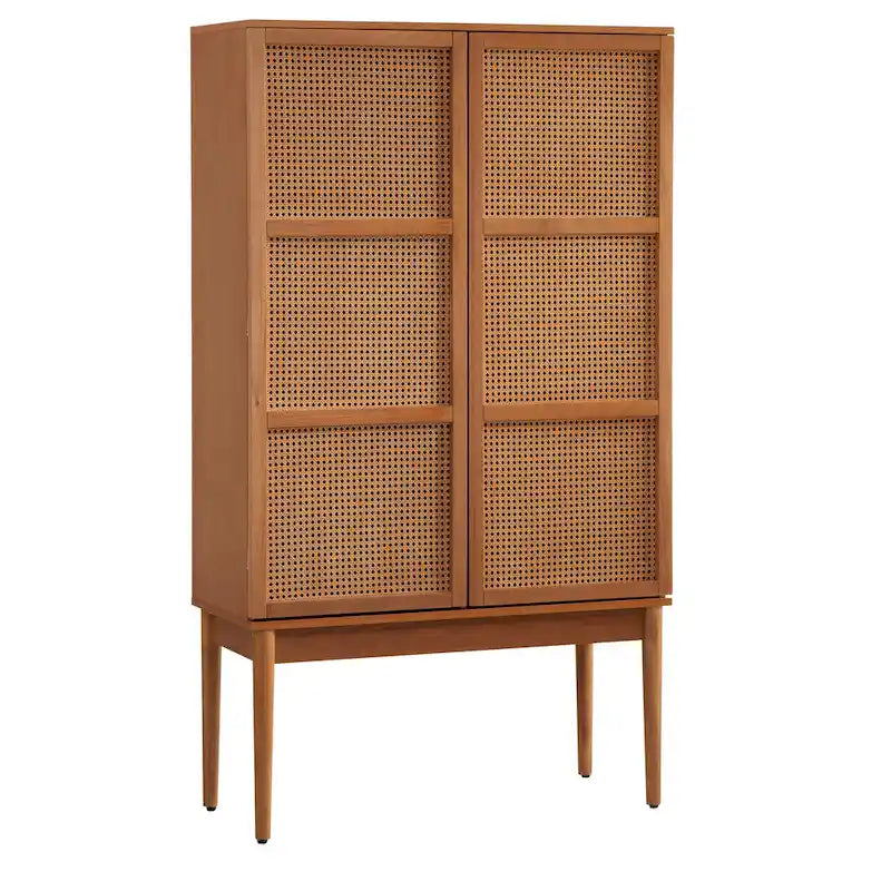 Meuble de rangement à portes en cannage style milieu de siècle avec étagères réglables, finition naturelle