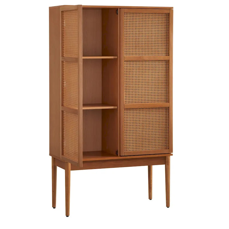Meuble de rangement à portes en cannage style milieu de siècle avec étagères réglables, finition naturelle