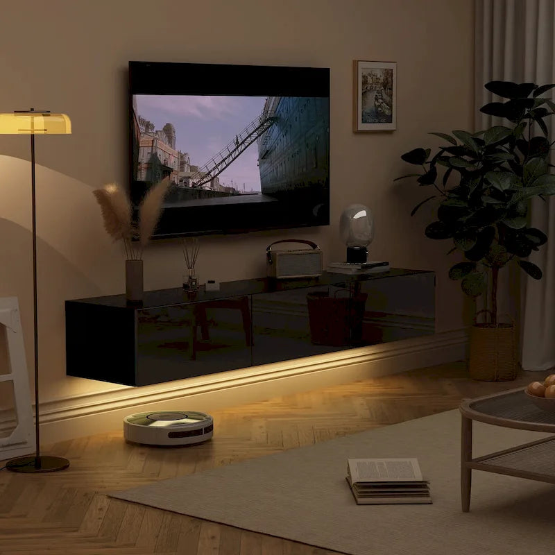 Meuble TV flottant mural avec lumières LED, noir et blanc brillant
