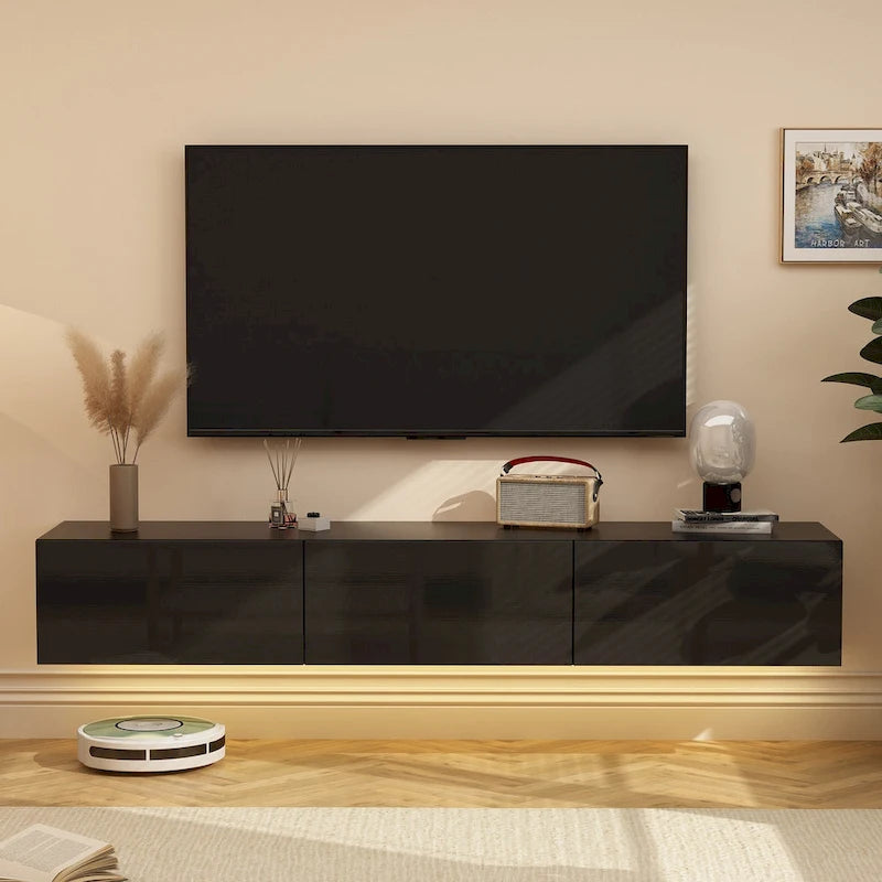 Meuble TV flottant mural avec lumières LED, noir et blanc brillant