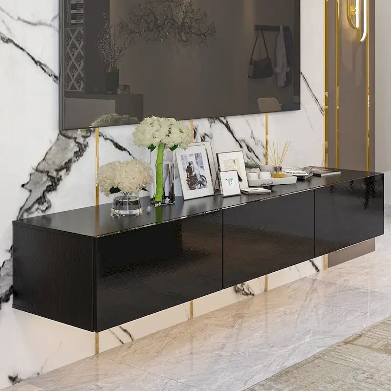 Meuble TV flottant mural avec lumières LED, noir et blanc brillant