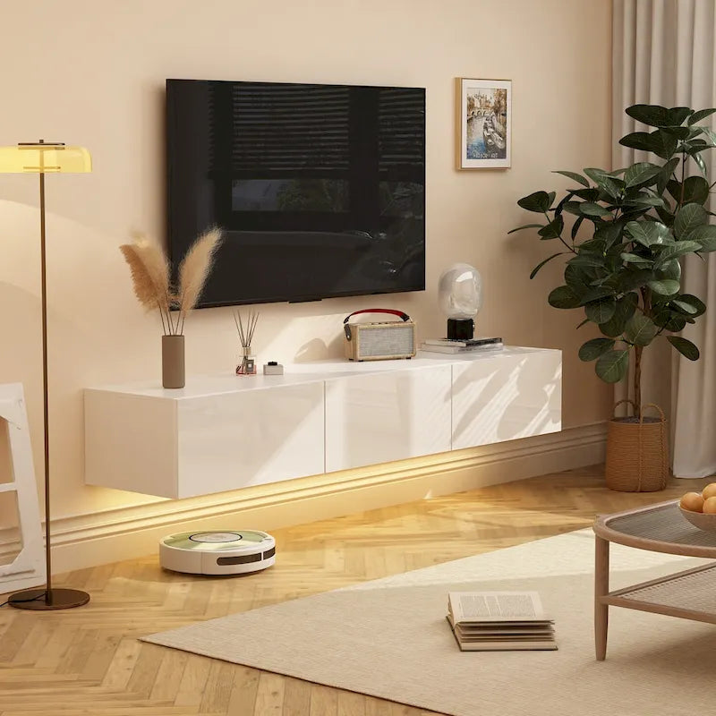 Meuble TV flottant mural avec lumières LED, noir et blanc brillant