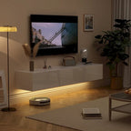 Meuble TV flottant mural avec lumières LED, noir et blanc brillant